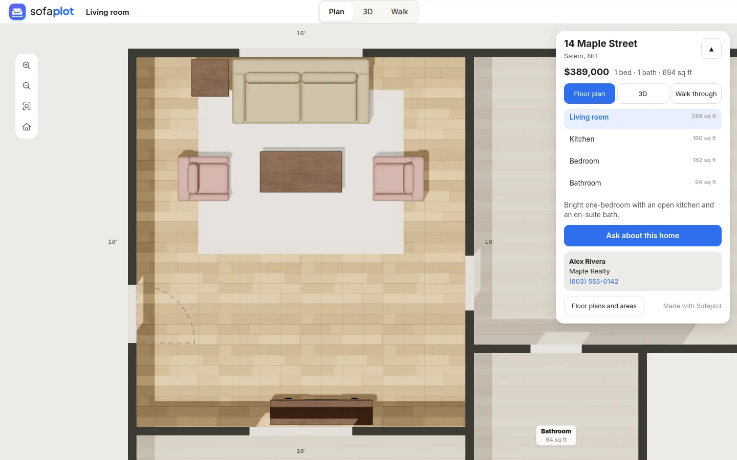 A tour's floor plan view: a furnished living room with its measurements, next to the kitchen and bathroom